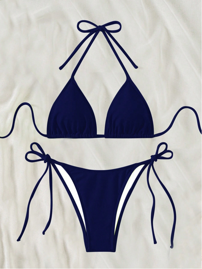 17% OFF Video SHEIN Swim Basics 2026 Spring/Summer Navy Blue Special Fabric Women's Swimsuit, Spaghetti Strap Halter Solid Color Sexy Side Tie Thong Bikini Two-Piece Swimwear