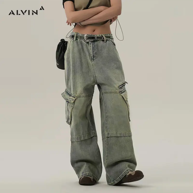30% OFF ALVIN# Multi-pocket work jeans for women high waist Loose straight wide-leg pants Womenswear Streetwear