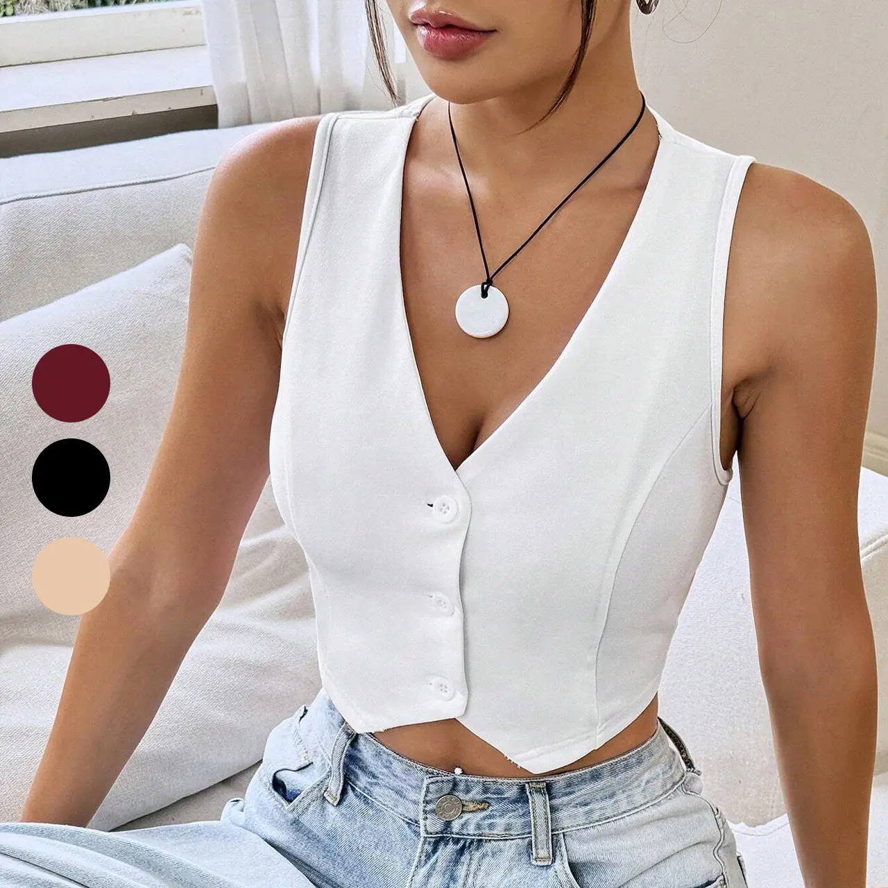 45% OFF 3009#Women Vest Solid Color Waistcoat Single Breasted Coat Sleeveless Shirt Short Sexy Top