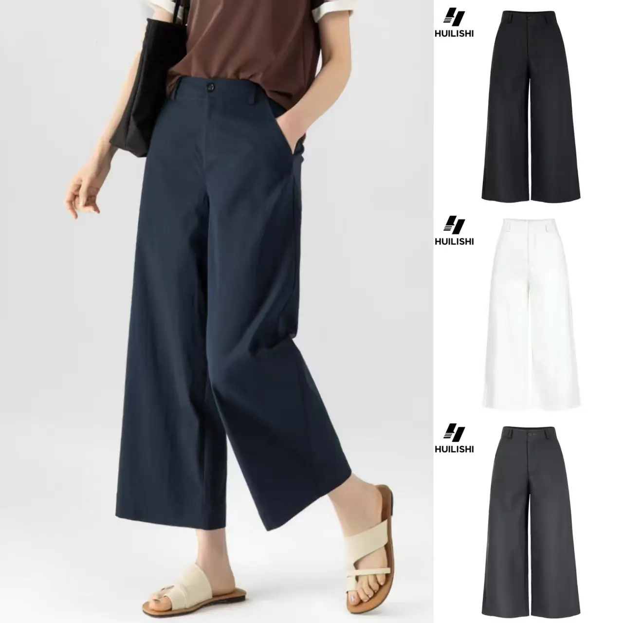 53% OFF Huilishi Mulberry silk wide-leg pants women's summer thin style 2025 new drape casual pants modal pants navy blue straight pants