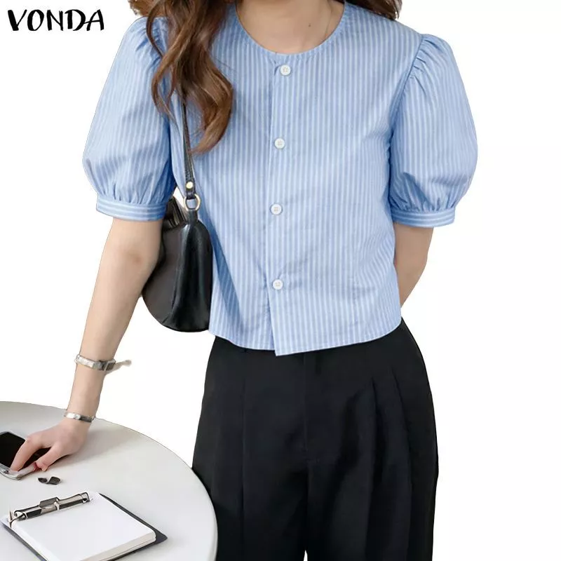 52% OFF VONDA Women Korean Stylish Commute Crew Neck Puff Sleeve Single-Breasted Stripe Cropped Shirts