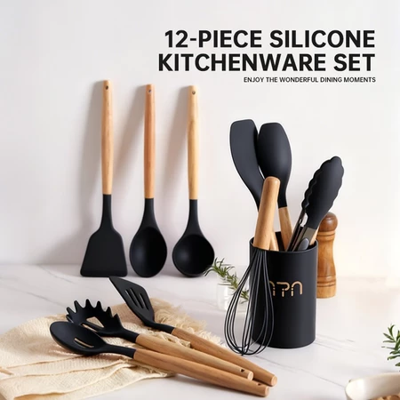 43% OFF Nipiin 12pcs Silicone Kitchen Utensils Set Heat Resistant Non-Stick Cooking Tools with Wooden Handle
