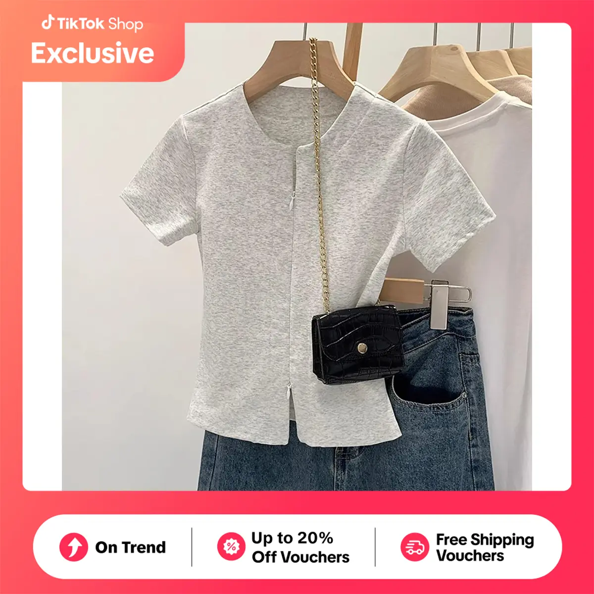 61% OFF Mian - Women Korean Style Fashion Double Zipper Short-sleeved T-shirt Import Elegant High-end Slim Fit T-shirt
