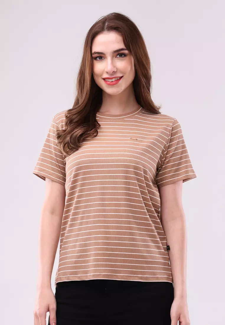 50% OFF Special Rib Stripes Knits Short Sleeve Blouse