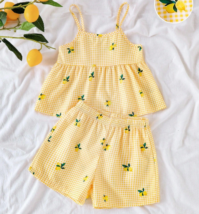 10% OFF SHEIN Elladie kids Yellow Plaid Camisole And Shorts Set With Lemon Print For Vacation Style Girls Lemon Two Piece Set Yellow Two Piece Set For Girls Girls Summer Two Piece Set Kids Lemon Print Outfit Summer Two Piece Set Kids Summer Holiday