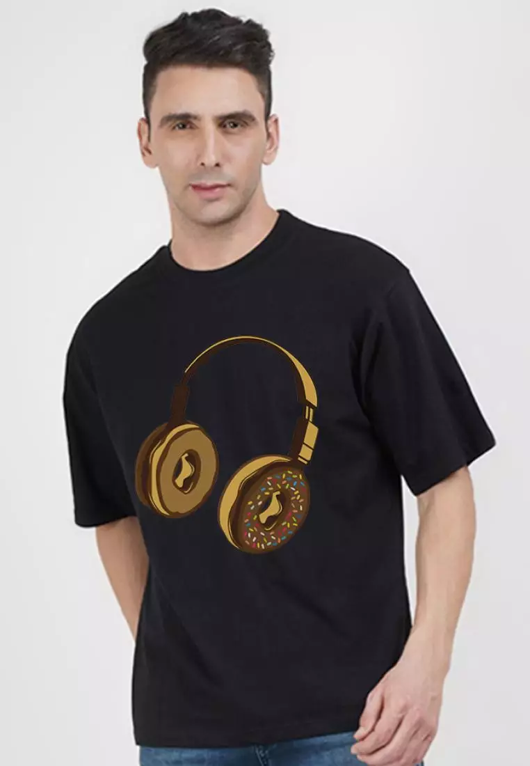 71% OFF Oversized Headfone Dounut Black Cotton Short Sleeve Relaxed Tee