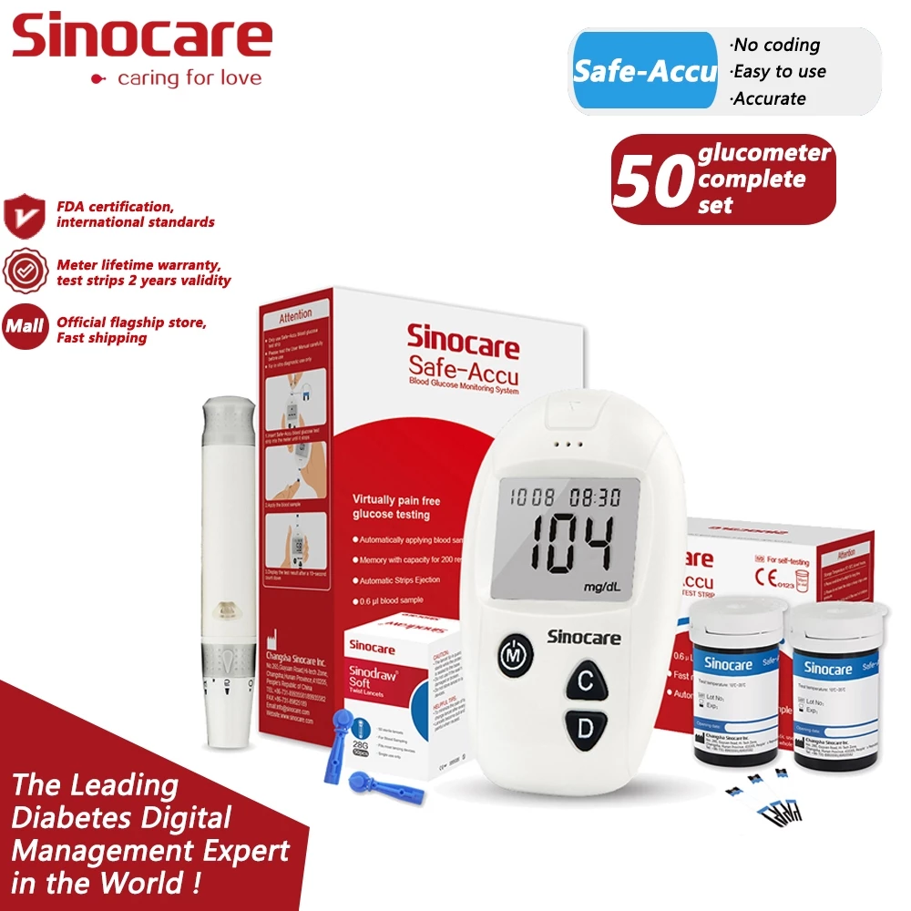 52% OFF Sinocare Safe-Accu Blood Glucose Monitor Meter & 50pcs Test Strips & Lancets Glucometer Diabetic Blood Sugar Test Kit