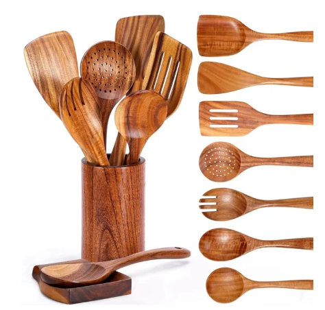 17% OFF Bamboo Kitchen Utensils Set 8 Pcs Housewarming Gift New Apartment Essentials Slotted Serving Spoons Spatula Tong Tools