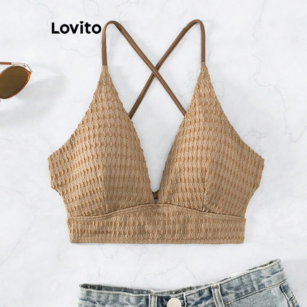 43% OFF Lovito Women Elegant Bikini Top Plain Criss Cross Texture Fabric Bikini Top LNL42167