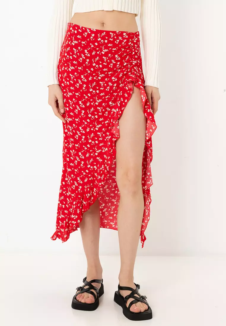 -86% OFF Bershka  4.5 8 Flower Print Ruffled Midi Skirt