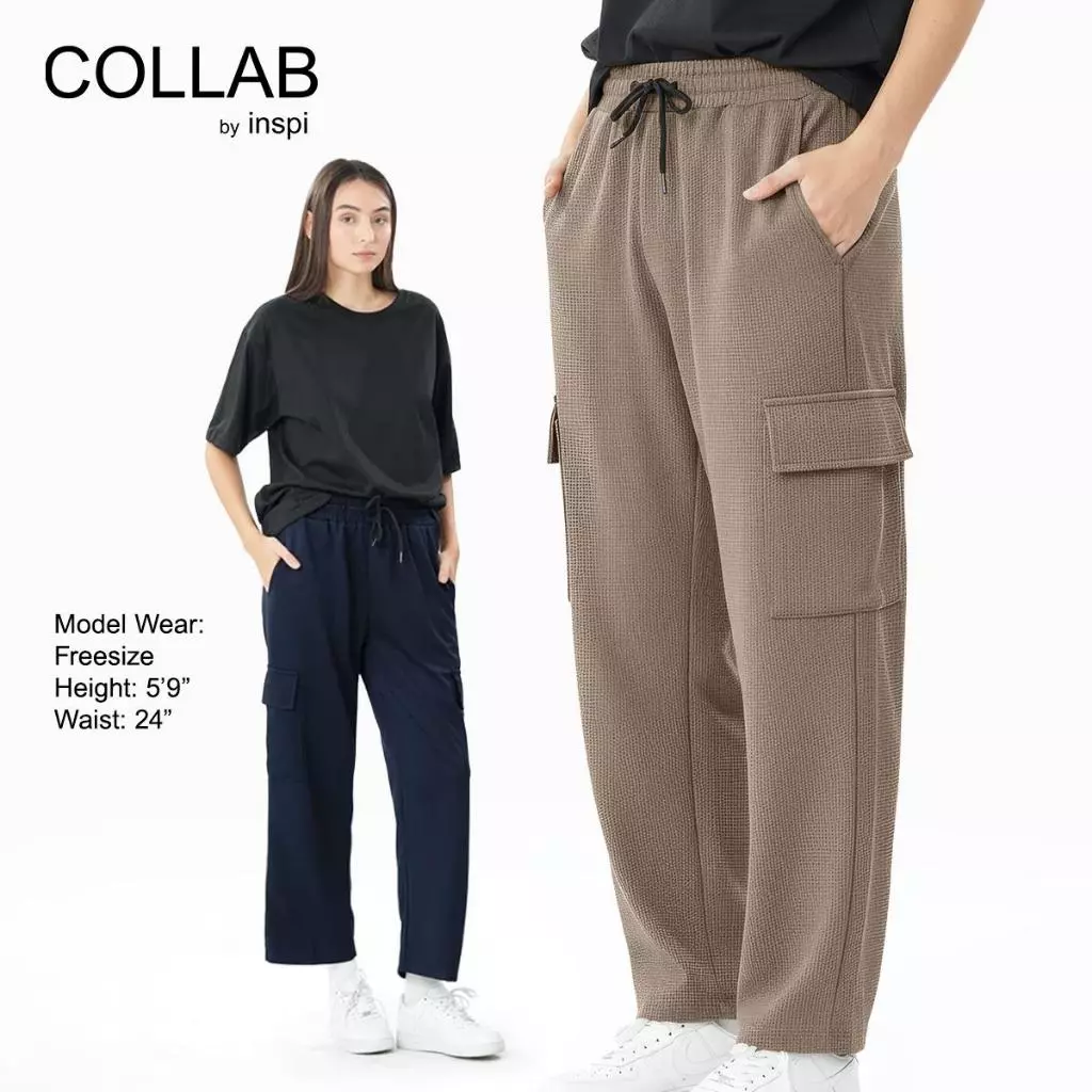 40% OFF COLLAB by Inspi Waffle Cargo Pants for Women and Men with Side Pockets Drawstring Korean Trouser