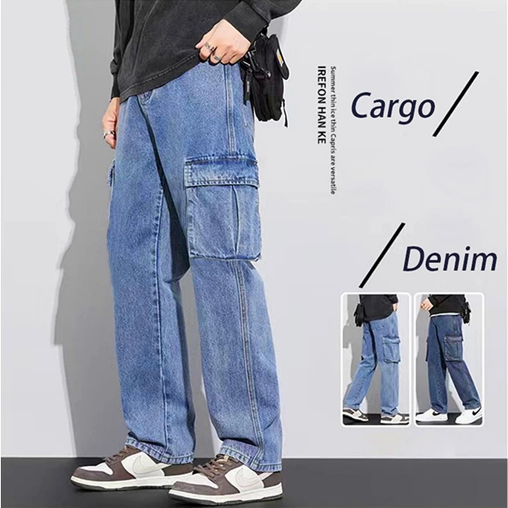 39% OFF Cargo pants for men loose baggy straight jeans for men korean style casual denim kargo pants