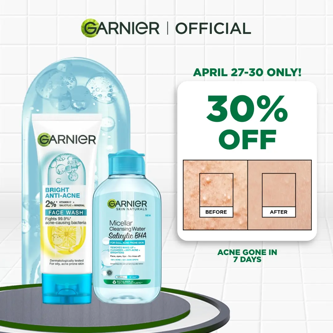 20% OFF Garnier Double Cleansing Duo: Cleanser (100ml) + Micellar Water (125ml) - Vitamin C for Brightening, Salicylic Acid for Anti Acne