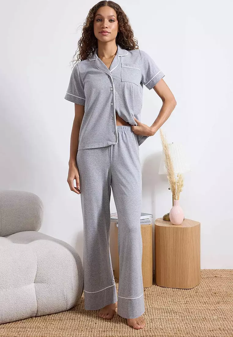 25% OFF Gray Melange Piped Pocket Detailed Viscose Knitted Pajama Set Thmss26Pt47