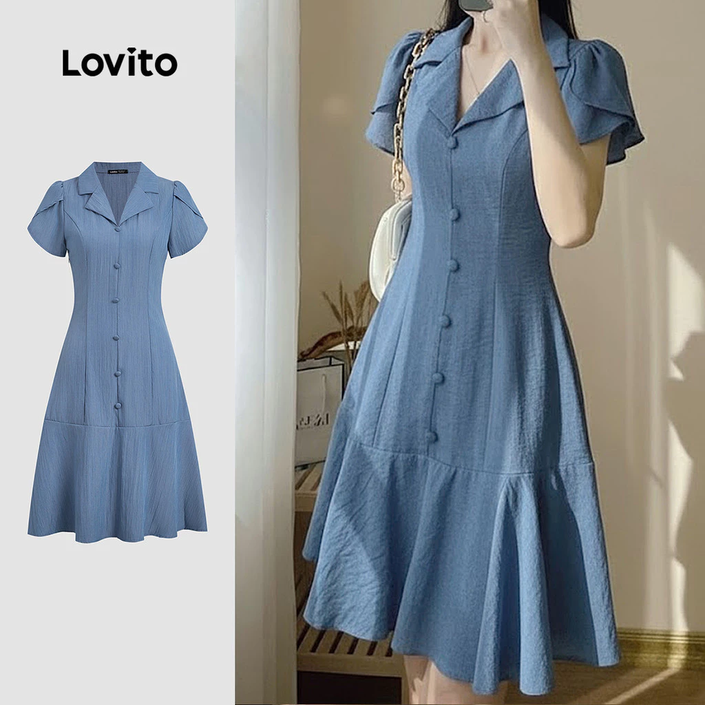 30% OFF Lovito Women Elegant Dress Ruffle Button Spring/summer Blue Dress LK3ED102