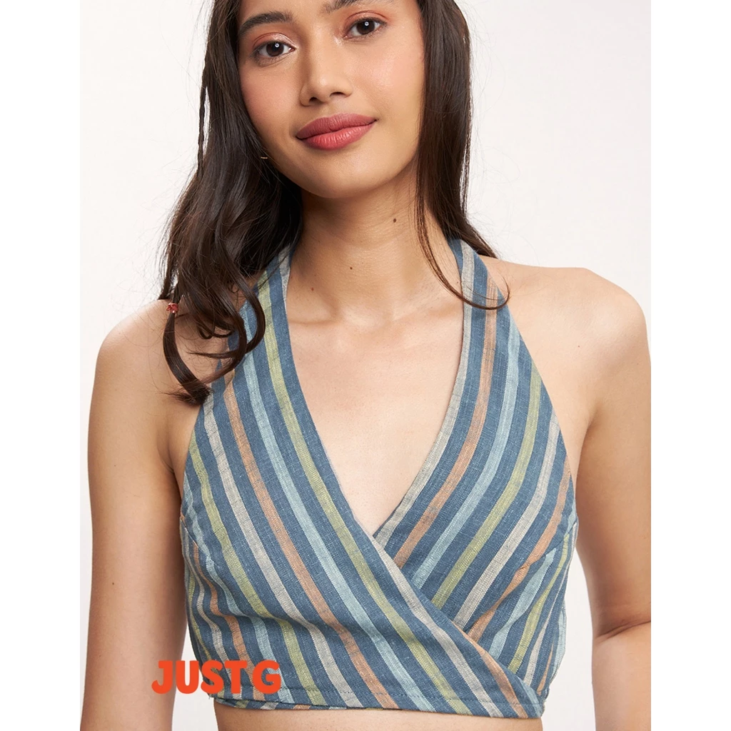 60% OFF Just G Striped Halter Overlap Top