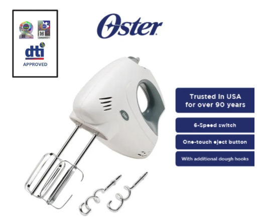 14% OFF Oster 6-Speed Hand Mixer with Chrome Plated Beaters and Dough Hooks, 250 watts (Portable Baking Electric Mixer for Baking)
