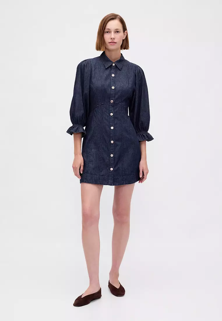 46% OFF Denim Puff-Sleeve Seamed Mini Dress