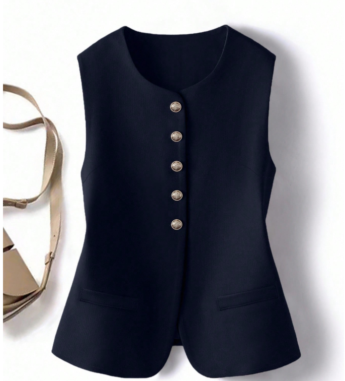 4% OFF GlowEve Vintage Elegant Casual Design Round Neck Open Front Women Top Office Work Navy Blue Summer