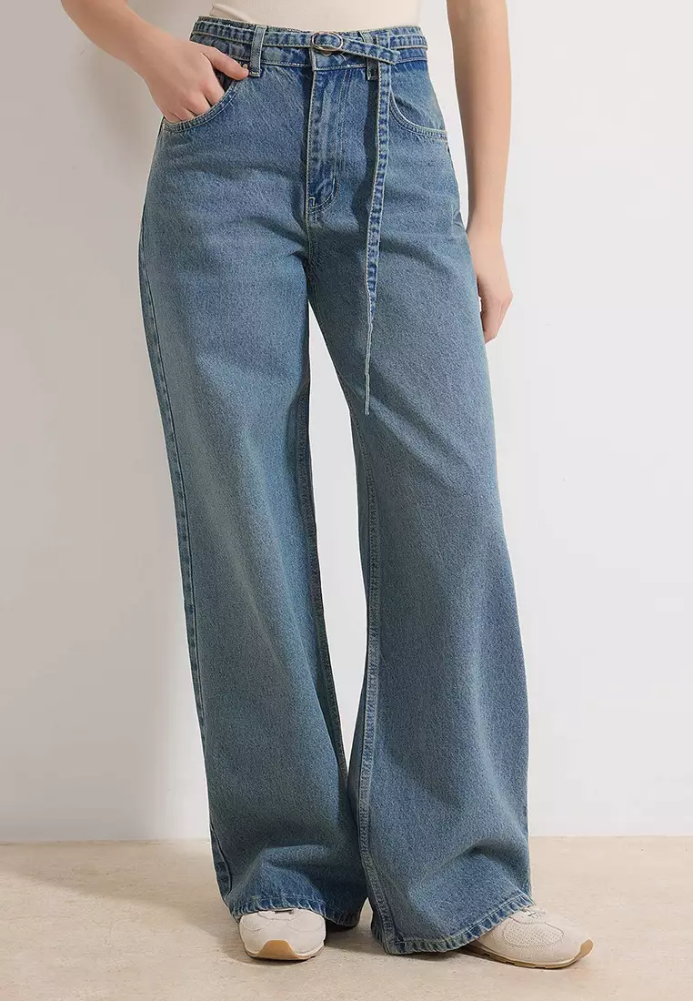 35% OFF Blue Belted High Waist Wide Leg Wide Leg 1% Cotton Jeans Twoss26Je85