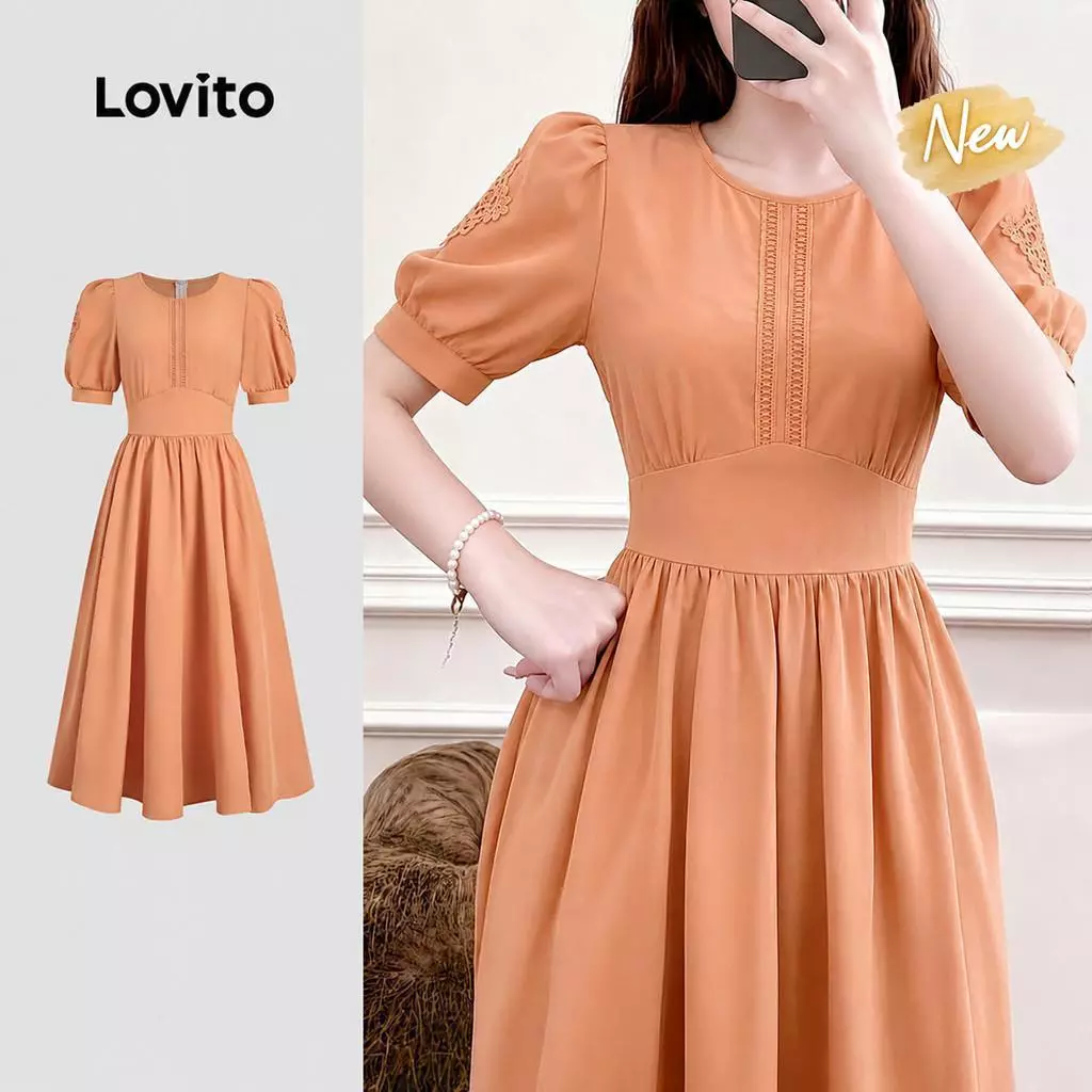 40% OFF (New Arrival) Lovito Women Casual Dress Pleated Lace Spring/summer Coral Orange Dress LK7ED592
