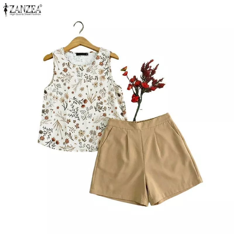 49% OFF ZANZEA Women's Korean Fashion Loose Printing Sleeveless Tank+ Shorts Two-Piece Set
