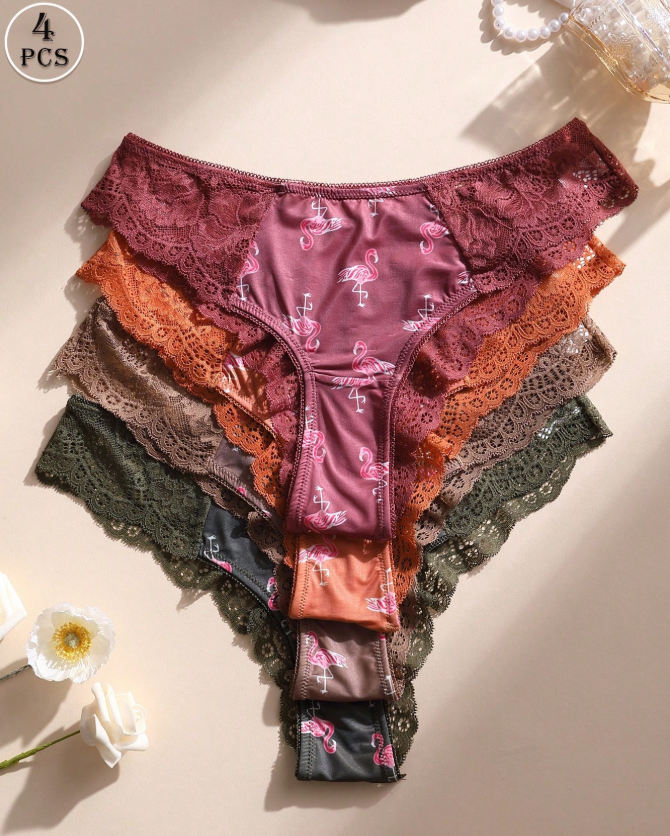 49% OFF 4pcs/Pack Women's Sexy Lace Trim Flamingo Print Bikini Panties, Low Waist Seamless, Soft Breathable, Suitable For Yoga, Sports And Daily Wear
