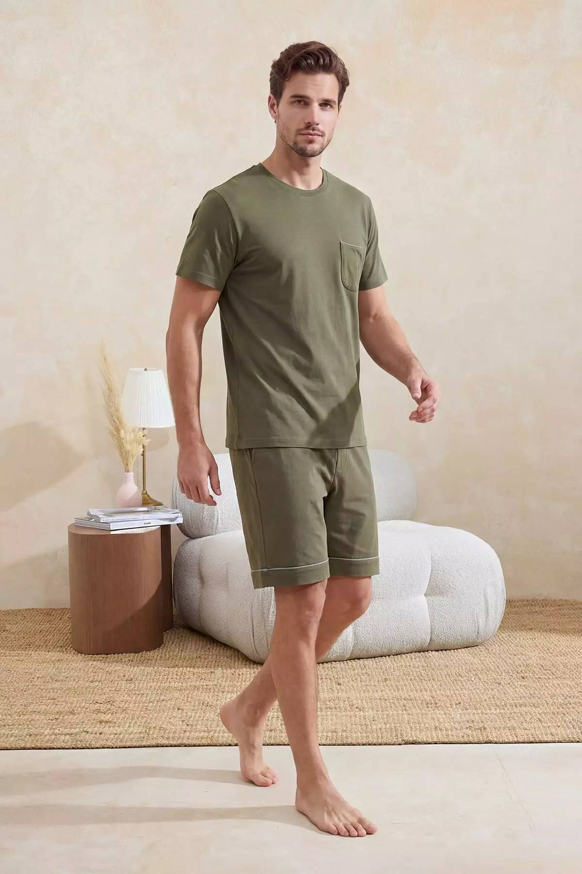 41% OFF Trendyol  Khaki Regular Fit Piped Knitted Shorts Pajama Set Tmnss24Pt00021
