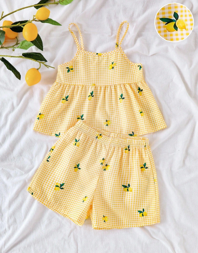 13% OFF SHEIN Elladie kids Yellow Plaid Camisole And Shorts Set With Lemon Print For Vacation Style Girls Lemon Two Piece Set Yellow Two Piece Set For Girls Girls Summer Two Piece Set Kids Lemon Print Outfit Summer Two Piece Set Kids Summer Holiday