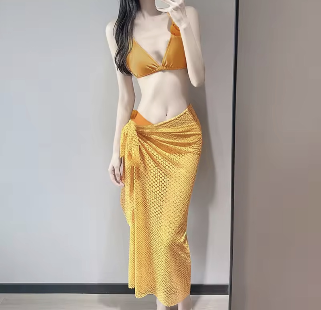 3 In 1 Bikini Set Long Dress Swimwear Beach Outfit Yellow/Pink/White Sexy Split Skirt Swimsuit with Padded Beachwear