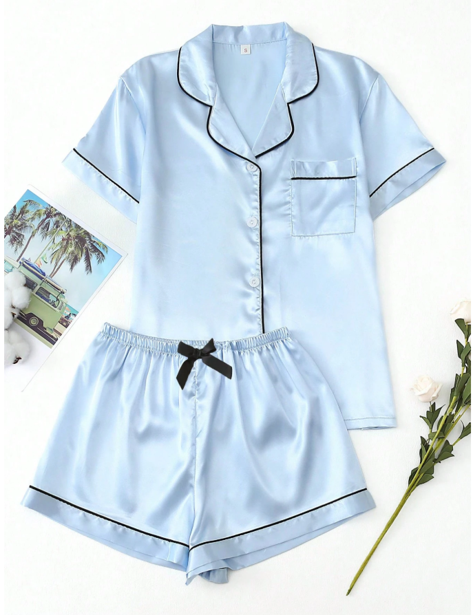 12% OFF [Elegant Fields]2pcs Satin Pajama Set With Short Sleeve Lapel Shirt And Bowknot Shorts, Women Sleepwear Home Clothes, Two Pieces Set