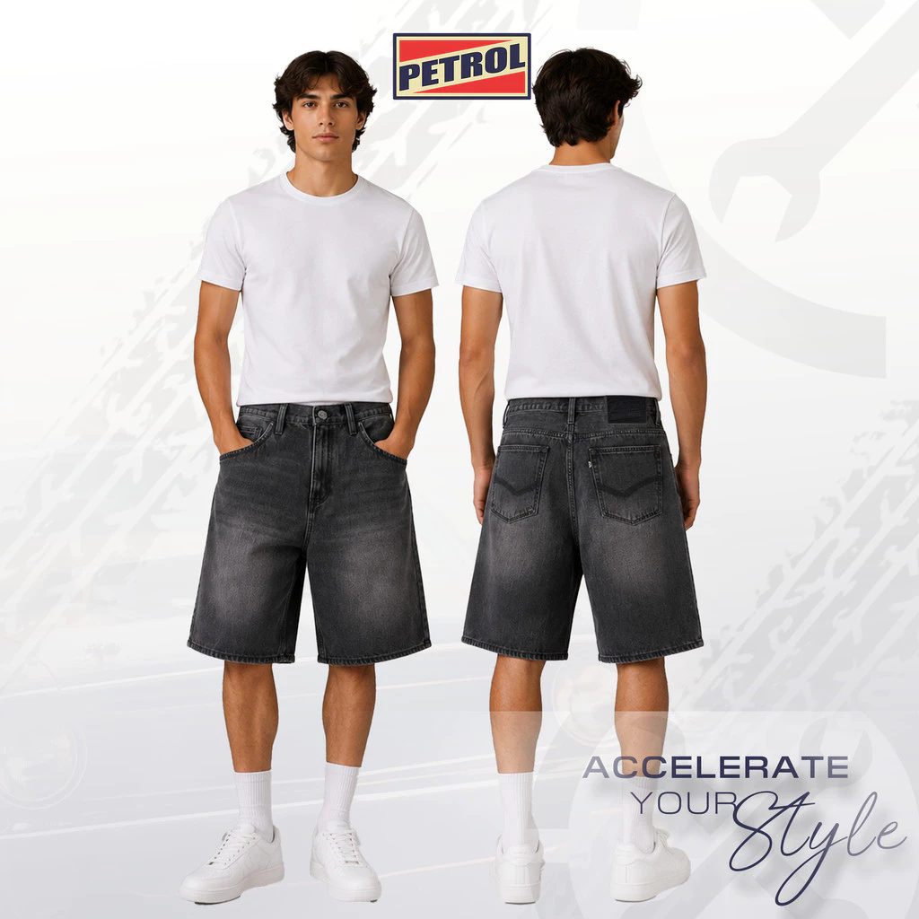 20% OFF Petrol Men's Basic Denim Wide Short Mid-Rise Fitting 199505 (Black)