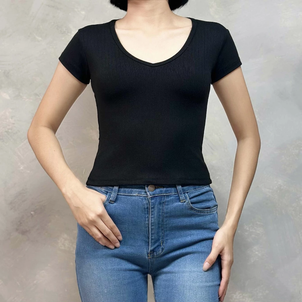 44% OFF HEY ZOEY Jolene V-Neck Baby Tee Mid-Length Textured Cotton Fabric Sexy Short Sleeve Basic Top Soft B