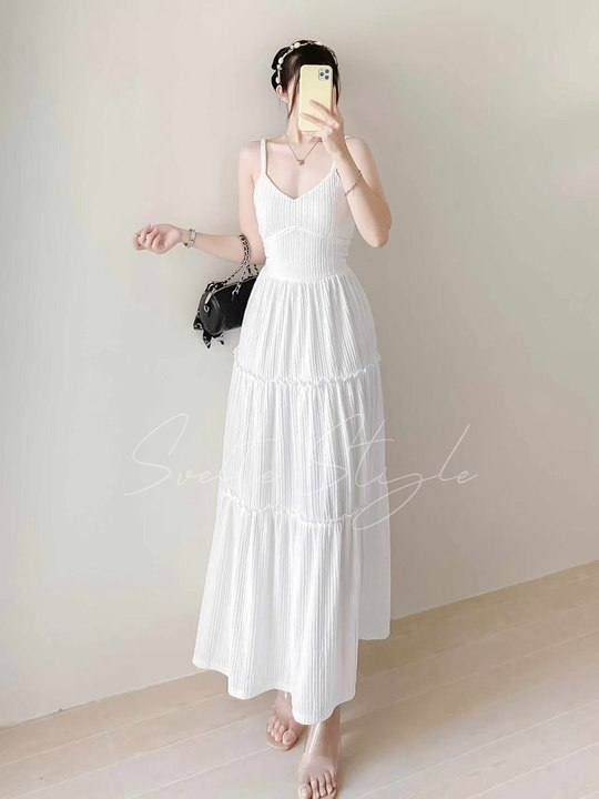 47% OFF Women's Fitted Summer Maxi Dress - Layered Flowy Dress Challis Fabric Simple Sleeveless Maxi Dress - Spaghetti Straps Casual Comfortable Fashion