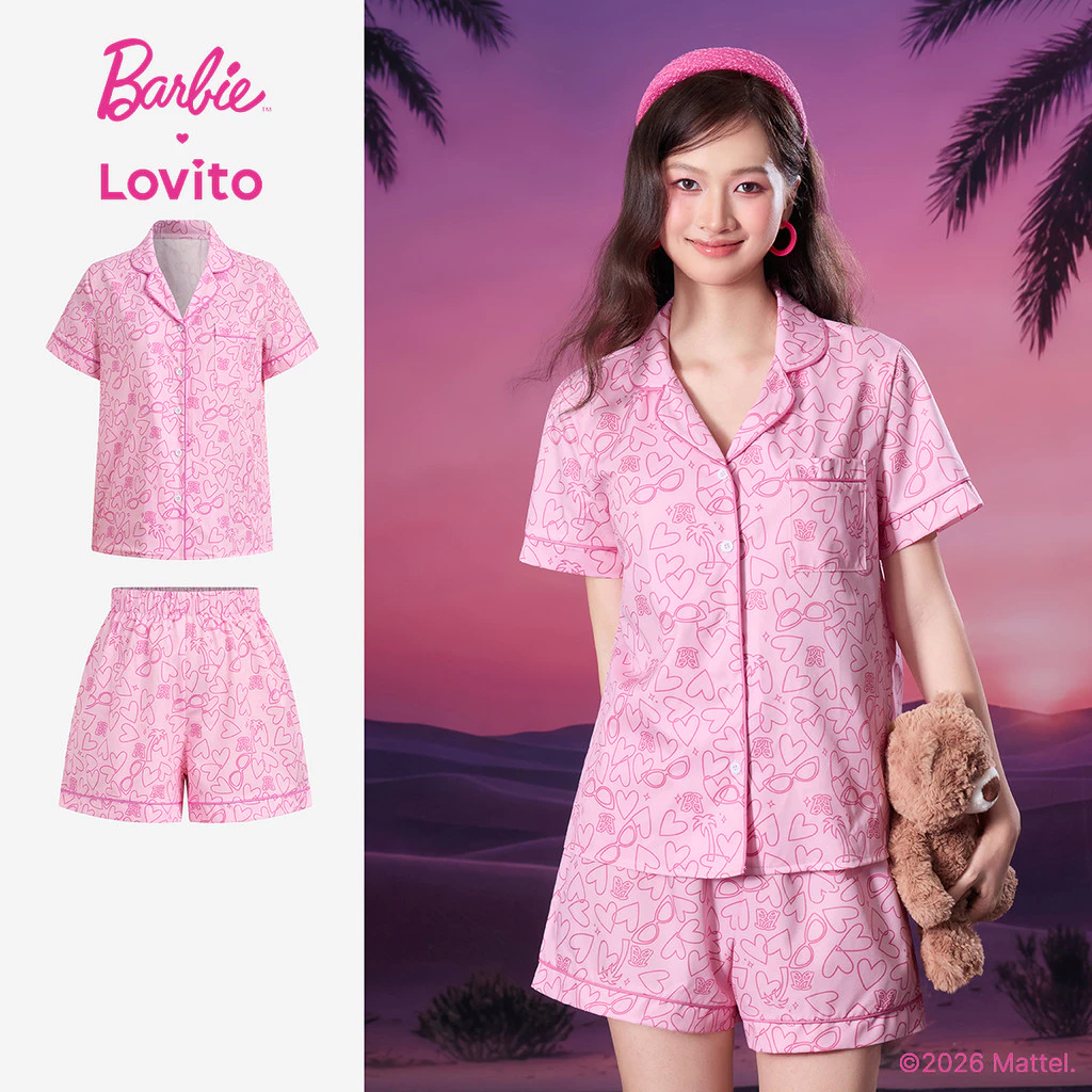 38% OFF Barbie™ X Lovito Women Casual Short Sleeve Collar Mid Waist Wide Leg Button Front Contrast Binding Pocket Spring/summer Pink Top