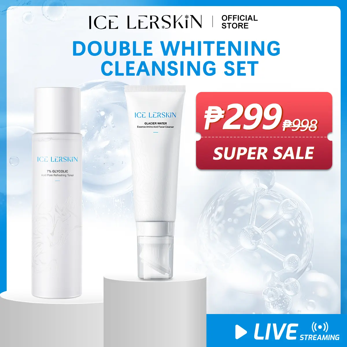 53% OFF【LIVE】Double Cleansing Whitening Set ICE LERSKIN GLACIER WATER Essence Amino Acid Facia Cleanser  & Ice Lerskin 7% Glycolic Acid/Toner  Suitable for all skin types!