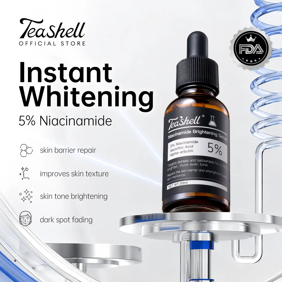72% OFF【FDA Approved 】Teashell Whitening Serum 5% Niacinamide & Alpha Arbutin 30ml Fade Dark Spots Brighten Skin Long Lasting Hydration Sensitive Skin