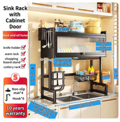 94% OFF Metal Dish Cabinet Rack Dustproof Sink Rack With Cabinet Door Multi-functional Plate Drying Storage Kitchen Organizer