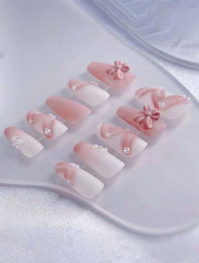 27% OFF 10-Piece Set Handmade Press On Nails Fake Nails Nail Supplies Long Almond Shape Nude Pink-White Gradient, Hand-Painted Ribbon Patterns, 3D Satin Bow Decorations