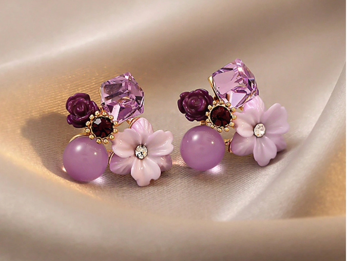 20% OFF 1pair Vintage Maple Leaf & Purple Crystal Flower Earrings, Elegant And Gentle Stud Earrings For Women