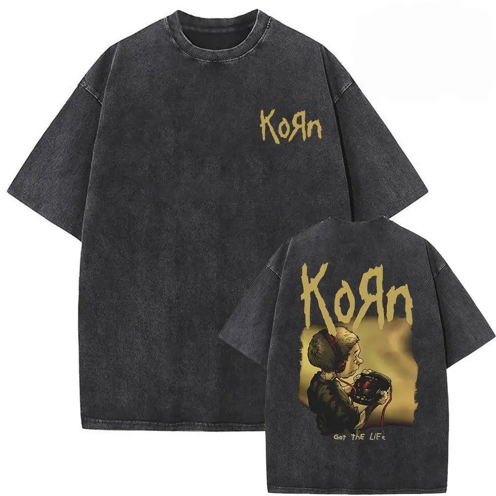 39% OFF [Shipped Within 24H] MEDM 240g American Street Graffiti Style KORN Rock Band Washed T-Shirt, Pure Cotton, Unisex