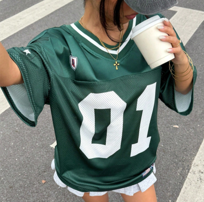 11% OFF Muchica Sports Color-Block Loose V-Neck Short Sleeve Knitted Mesh Jersey T-Shirt With Letter & Number Print And Drop Shoulders For Ball Games