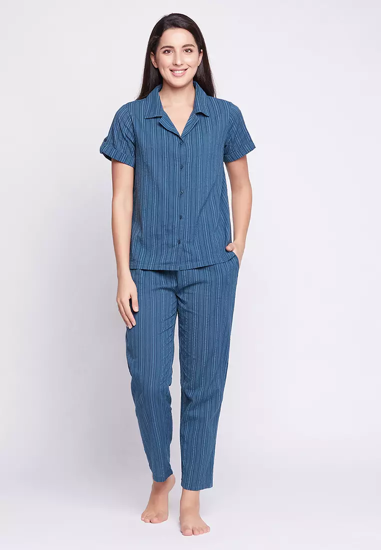 77% OFF Clovia Sassy Stripes Button Down Shirt & Pyjama in Navy - Cotton
