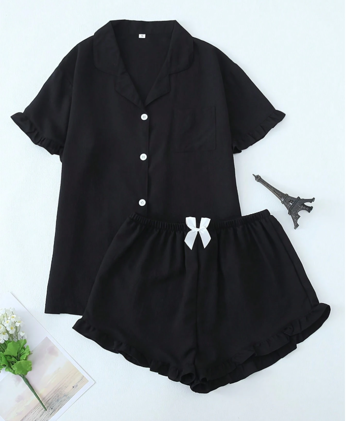 3% OFF [Dreamery]Women's Short-Sleeve Shorts Pajama Set With Ruffle Trim, Solid Color