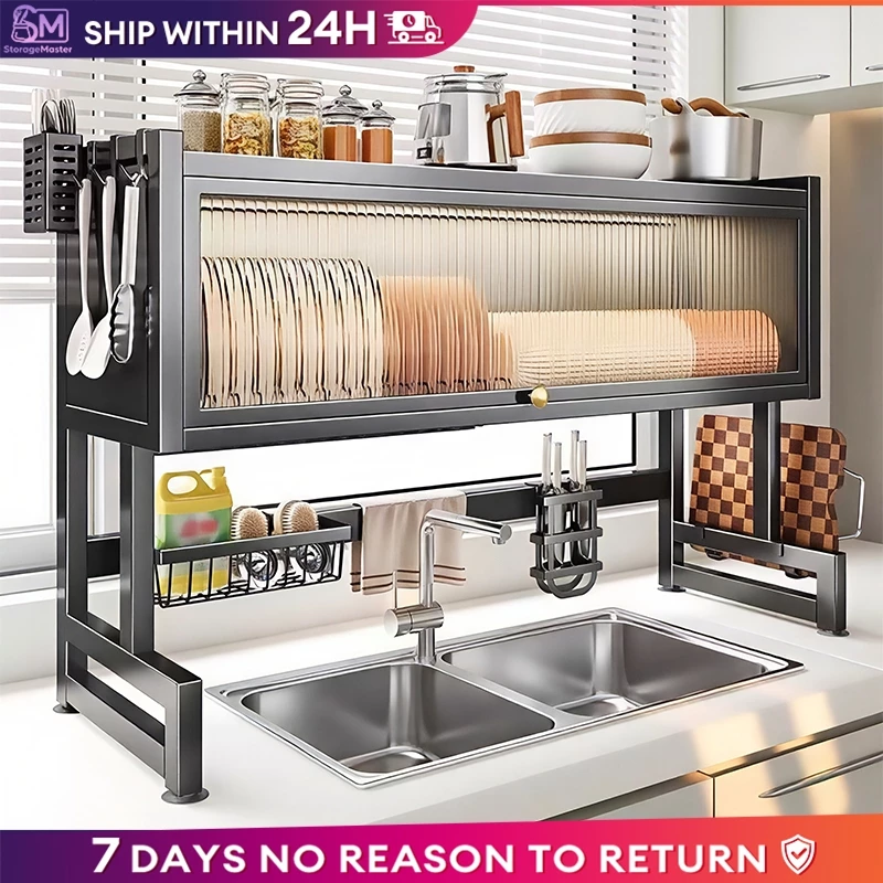 77% OFF Dish Rack Kitchen Organizer Metallic Dish Cabinet Rack Dustproof Drain Rack With Cabinet Door