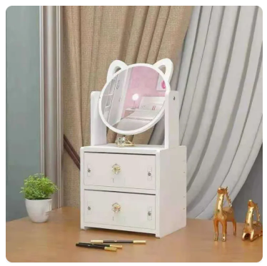 72% OFF Cute Cat Ear Makeup with Jewelry Compartment Drawer Cosmetic Organizer Tables
