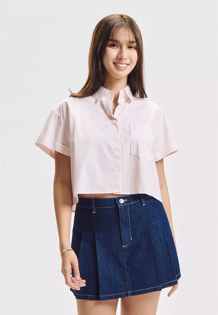 10% OFF Striped Short Sleeve Button Down Top with Pocket