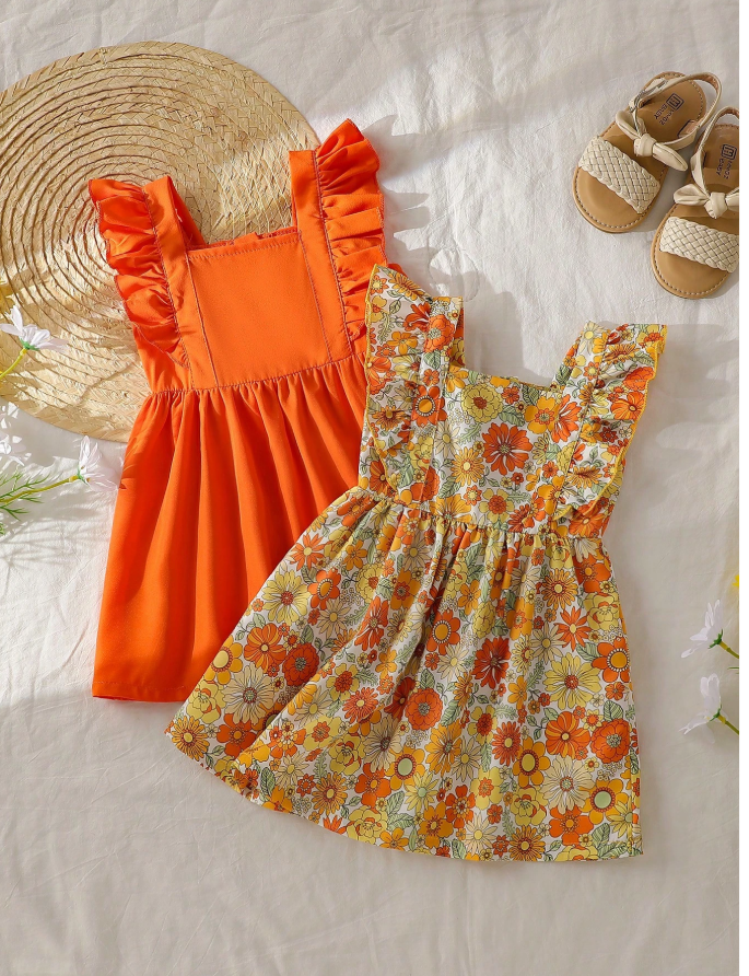 35% OFF SHEIN Vintaside Kids 2pcs/Set Baby Girls Orange Floral Summer Boho Holiday Vacation Dress,Ruffle Flutter Sleeves,Sunflower Daisy Print,Lightweight First Birthday Party