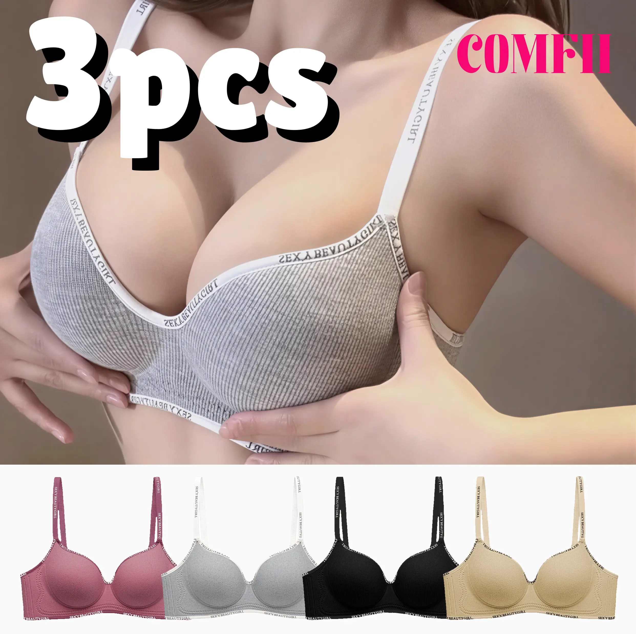 59% OFF COMFII 3Pcs Fashionable Push Up BraWomen Seamless Elastic Plus Size [32-42ABCup] Basic Solid Color Anti-sagging UnderwearNo Steel Ring Breathable Soft Skin-friendly Lingerie