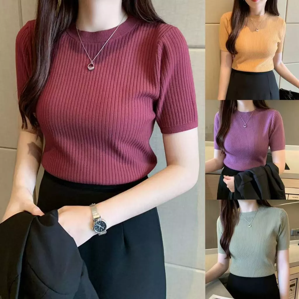 50% OFF Knitted Blouse Plus Size Women's Summer Korean Style Crew Neck Short-sleeved Shirt